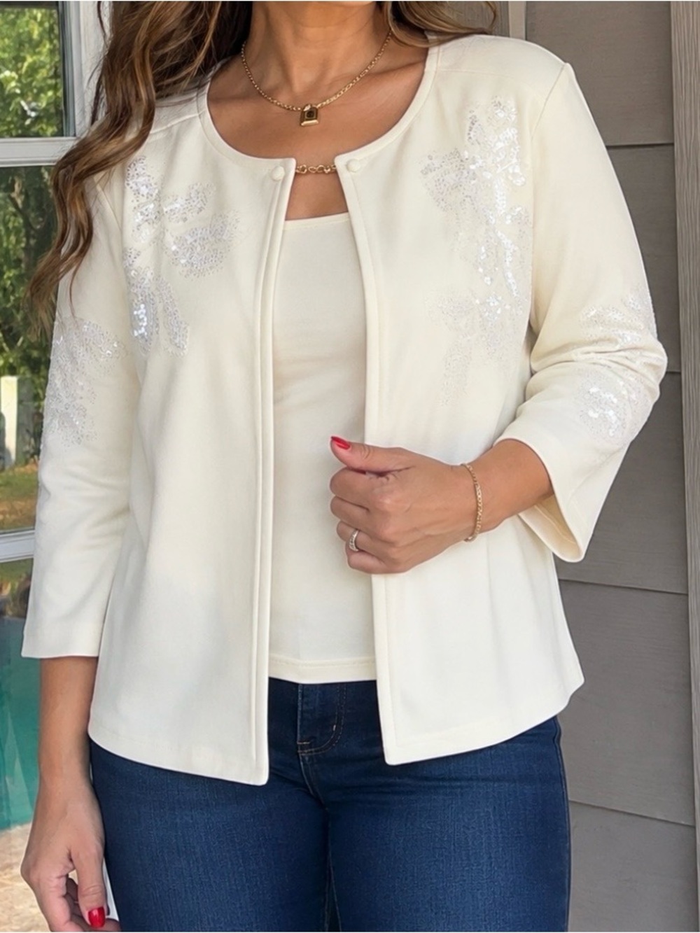 dennis basso Cream Sequin-Embellished Open-Front Jacket size L